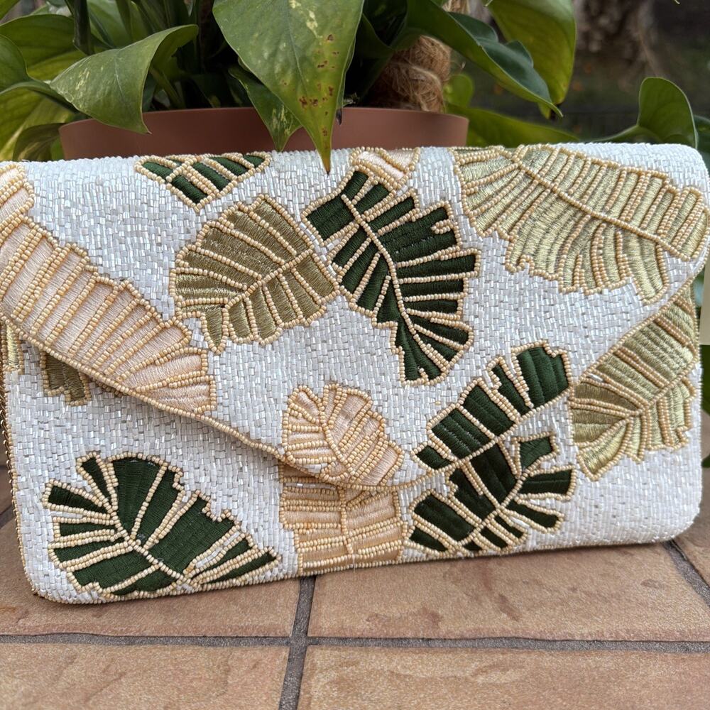 Beaded Palm Leaf Crossbody Clutch Bag, Tropical Vacation Coachella Vibe